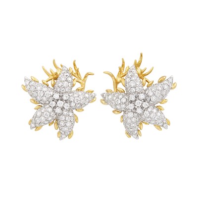 Lot 339 - Pair of Two-Color Gold and Diamond Flower Earclips