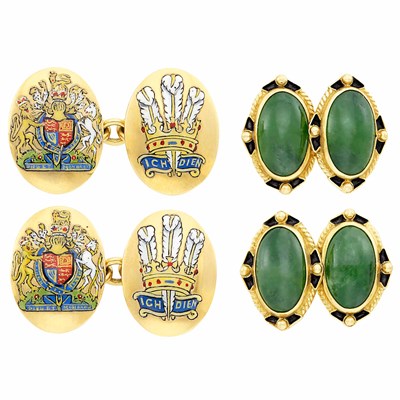Lot 293 - Pair of Gold and Enamel Cufflinks, Deakin & Francis, and Pair of Nephrite and Enamel Cufflinks