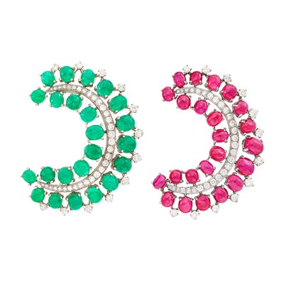 Lot 229 - Pair of Platinum, Low Karat Gold, Cabochon Ruby and Emerald and Diamond Clips