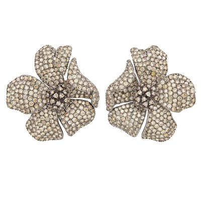 Lot 350 - Pair of Blackened Gold and Brown Diamond Flower Earclips