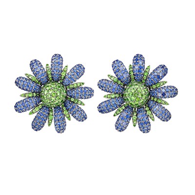 Lot 210 - Pair of Blackened Gold, Green Garnet and Sapphire Flower Earclips