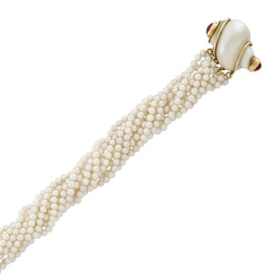 Lot 474 - Nine Strand Cultured Pearl Torsade Bracelet with Gold, Shell and Cabochon Ruby Clasp, Seaman Schepps