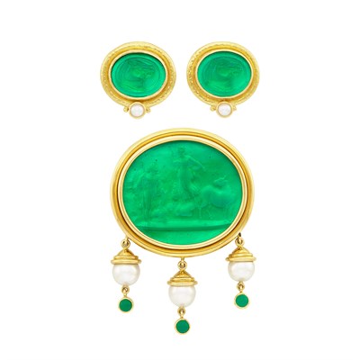 Lot 134 - Gold, Green Glass Intaglio, Mother-of-Pearl, Cultured Pearl and Cabochon Green Onyx Clip-Brooch and Pair of Earclips, Elizabeth Locke