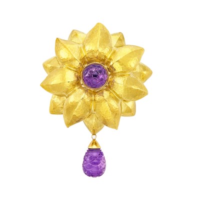 Lot 377 - Hammered Gold and Carved Amethyst Flower Clip-Brooch, Tiffany & Co., Paloma Picasso