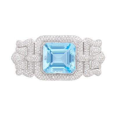 Lot 418 - White Gold, Blue Topaz and Diamond Brooch