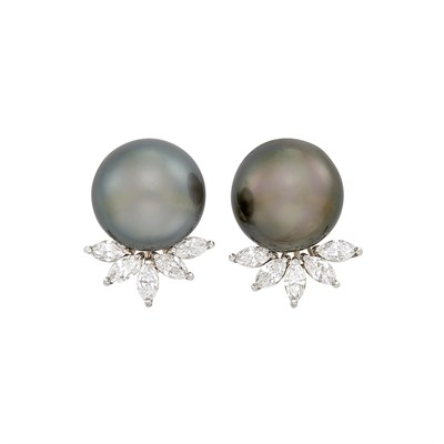 Lot 474 - Pair of Platinum, Tahitian Gray Cultured Pearl and Diamond Earclips