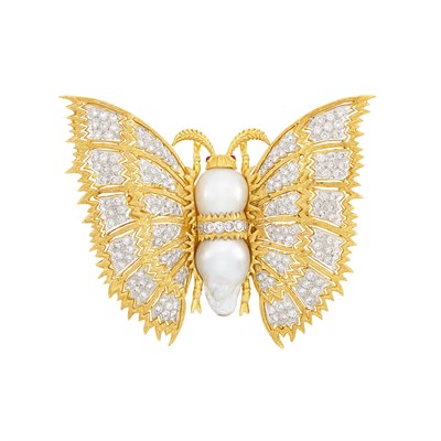 Lot 110 - Two-Color Gold, Baroque Cultured Pearl and Diamond Butterfly Clip-Brooch