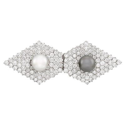 Lot 464 - Platinum, Tahitian Gray and South Sea Cultured Pearl and Diamond Double Clip-Brooch
