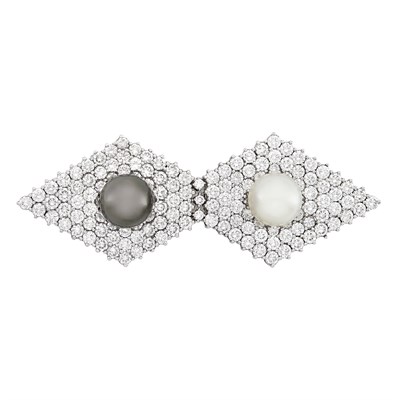 Lot 463 - Platinum, White Gold, Tahitian Gray and South Sea Cultured Pearl and Diamond Double Clip-Brooch