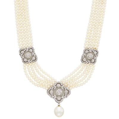 Lot 416 - Five Strand Cultured Pearl, White Gold, Frosted Rock Crystal, Diamond and South Sea Cultured Pearl Pendant-Necklace