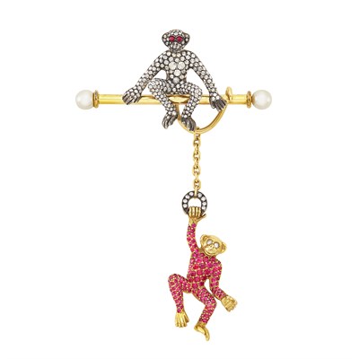 Lot 200 - Gold, Silver, Diamond, Ruby, Cabochon Ruby and Cultured Pearl Monkey Bar Pin