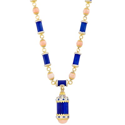 Lot 27 - Long Two-Color Gold, Blue Guilloché Enamel, Angel Skin Coral, Sapphire, Ruby and Diamond Pendant-Necklace, Emil Meister for Cazzaniga
