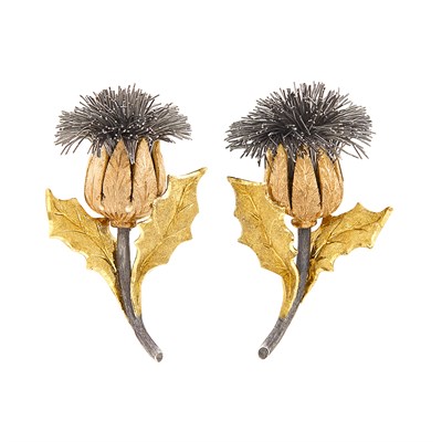 Lot 161 - Pair of Two-Color Gold and Silver Thistle Earclips, Mario Buccellati