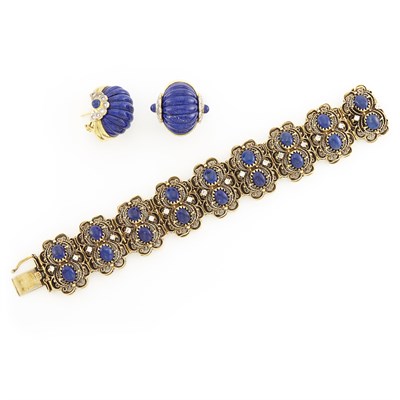 Lot 1363 - Gold, Lapis and Diamond Bracelet and Pair of Fluted Lapis and Diamond Earrings