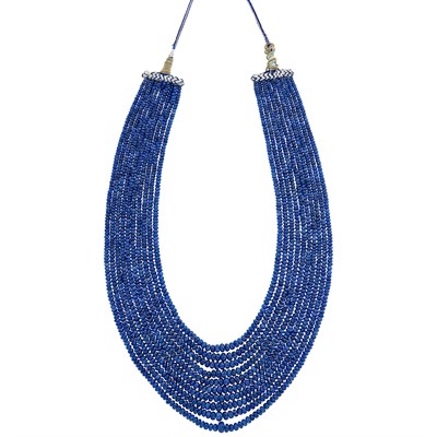 Lot 413 - Ten Strand Sapphire Bead Necklace with Blue and Metallic Thread