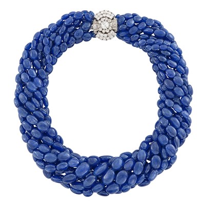 Lot 107 - Ten Strand Sapphire Bead, White Gold and Diamond Torsade Necklace