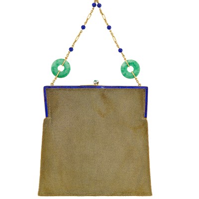 Lot 250 - Gold, Platinum, Lapis and Cabochon Emerald Mesh Purse with Gold, Jade and Lapis Bead Carrying Chain