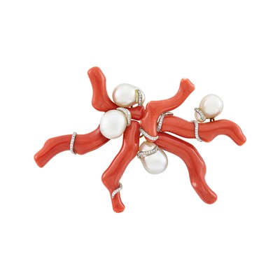 Lot 57 - Branch Coral, Two-Color Gold, Semi-Baroque Cultured Pearl, and Diamond Brooch