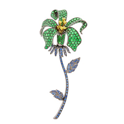 Lot 207 - Blackened Gold, Tsavorite Garnet, Sapphire and Yellow Sapphire Flower Clip-Brooch