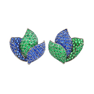 Lot 204 - Pair of Blackened Gold, Sapphire and Tsavorite Garnet Leaf Earclips