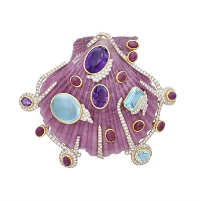 Lot 455 - Shell, Two-Color Gold, Gem-Set and Diamond Clip-Brooch
