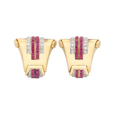 Lot 195 - Pair of Retro Gold, Platinum, Ruby and Diamond Clips