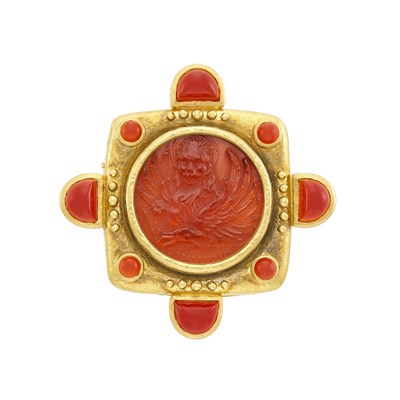 Lot 64 - Gold, Orange Glass Cameo and Carnelian Clip-Brooch, Elizabeth Locke