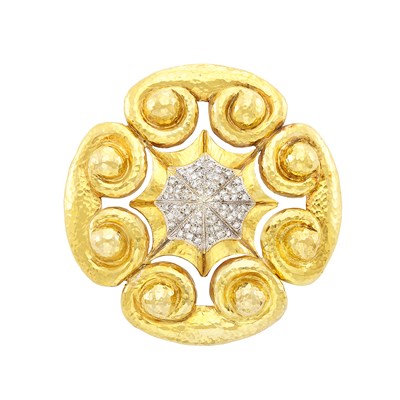 Lot 383 - Two-Color Hammered Gold and Diamond Pendant-Brooch
