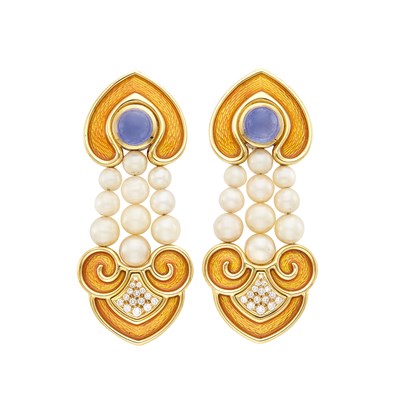 Lot 77 - Pair of Gold, Orange Enamel, Cabochon Sapphire, Cultured Pearl and Diamond Pendant-Earclips, de Vroomen