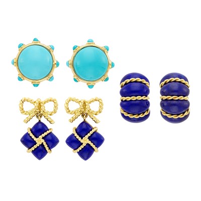 Lot 486 - Pair of Gold and Lapis Earrings, Seaman Schepps, and Two Pairs of Gold and Turquoise and Lapis Pendant-Earrings