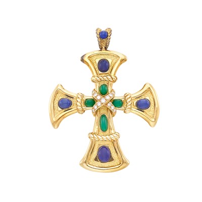 Lot 122 - Gold, Lapis, Green Onyx and Diamond Cross Pendant, Van Cleef & Arpels, France