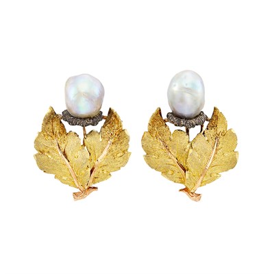 Lot 361 - Pair of Two-Color Gold, Silver, and Gray Baroque Cultured Pearl Earclips, Buccellatti
