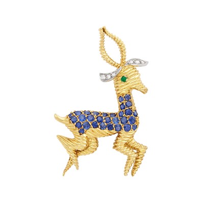 Lot 476 - Gold, Sapphire and Diamond Antelope Clip-Brooch, France