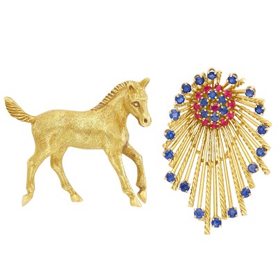 Lot 1110 - Gold Horse Pin, Tiffany & Co., and Gold, Sapphire and Ruby Clip-Brooch