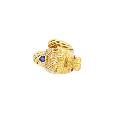 Lot 160 - Gold, Gem-Set and Diamond Lion Head Ring