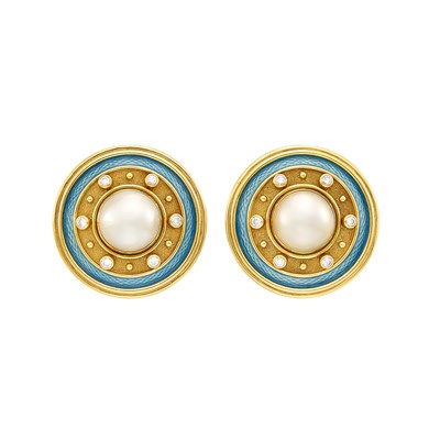Lot 80 - Pair of Gold, Mabé Pearl, Enamel and Diamond Earclips, de Vroomen