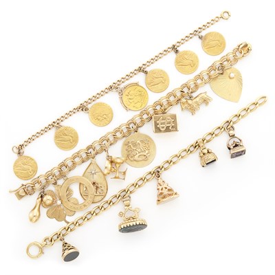 Lot 1618 - Three Gold and Low Karat Gold Charm and Coin Bracelets