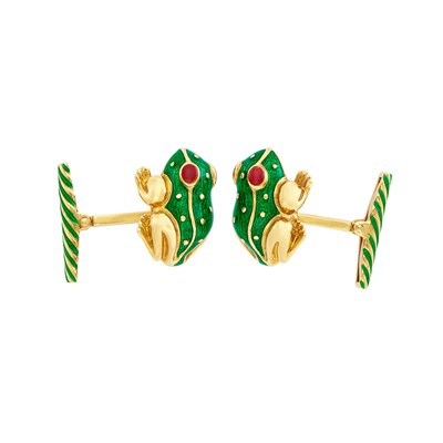Lot 171 - Pair of Gold and Enamel Frog Cufflinks, David Webb