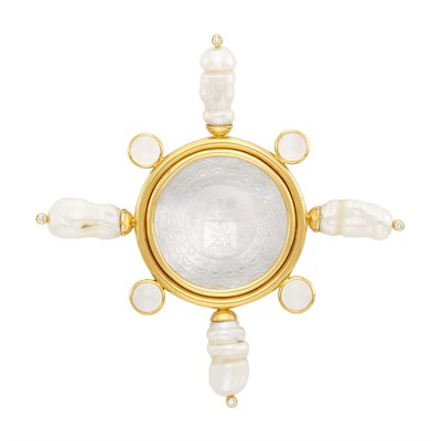 Lot 33 - Gold, Carved Mother-of-Pearl, Freshwater Pearl, Moonstone and Diamond Clip-Brooch, Elizabeth Locke