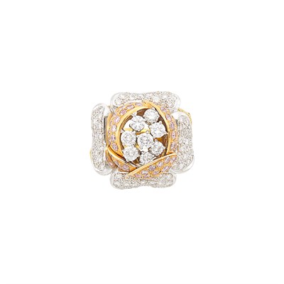 Lot 347 - Tricolor Gold, Diamond and Pink and Yellow Diamond Flower Ring