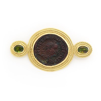 Lot 1548 - Gold, Bronze Coin and Green Tourmaline Brooch