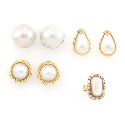 Lot 1649 - Three Pairs of Gold, Silver, Mabé Pearl and Diamond Earclips and Ring