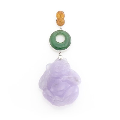 Lot 1547 - White Gold and Multicolored Carved Jade Pendant