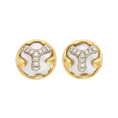 Lot 234 - Pair of Two-Color Gold, Mabé Pearl and Diamond Earclips