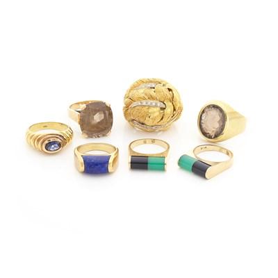 Lot 1642 - Seven Gold, Smoky Quartz, Sapphire, Lapis, Green and Black Onyx and Diamond Rings