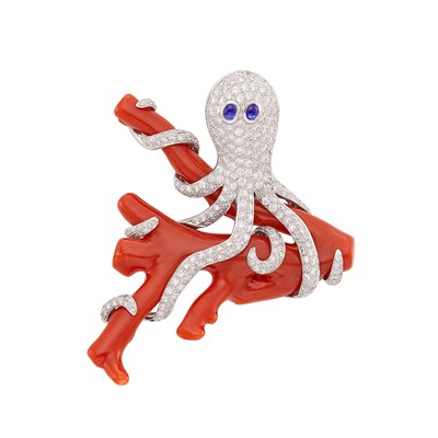 Lot 61 - Branch Coral, Platinum, Diamond and Cabochon Sapphire Octopus Pendant-Brooch, Sophia D.