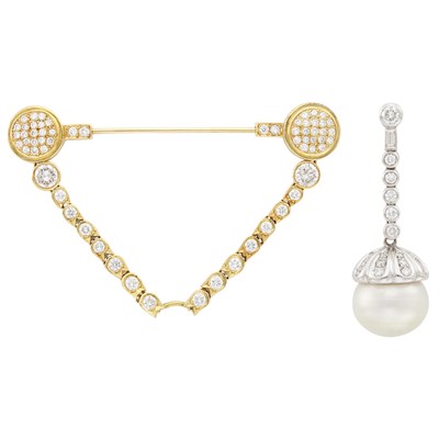 Lot 1202 - Gold and Diamond Swag Jabot and Single White Gold, Baroque Cultured Pearl and Diamond Pendant-Earring