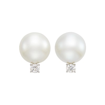 Lot 428 - Pair of White Gold, South Sea Cultured Pearl and Diamond Earrings