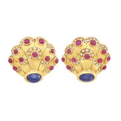 Lot 124 - Pair of Gold, Cabochon Sapphire and Ruby and Diamond Earclips, Gubelin