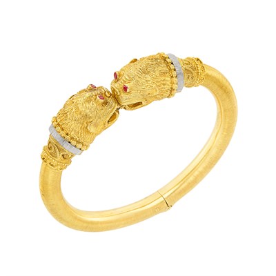 Lot 73 - Two-Color Gold and Ruby Bangle Bracelet